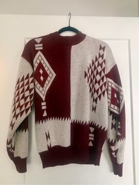 Vittorio Burgundy and Cream Geometric Crewneck Sweater